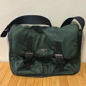 Vintage Prada nylon and leather messenger bag dark green